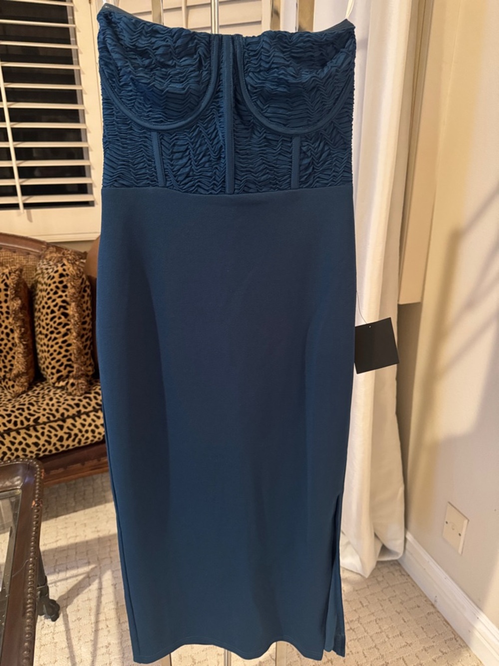 Lulu's Strapless Textured Bust Navy Midi Dress